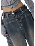 Wenkouban Vintage faded baggy boyfriend jeans with grosgrain detail