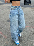 Wenkouban 2000s Y2k Blue Straight Leg Boyfriend Jeans with Wash Effect