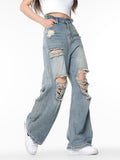 Wenkouban Blue Vintage Wide Leg Ripped Jeans