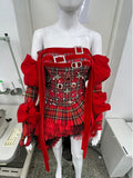 Wenkouban-Christmas Thanksgiving Gift New Year's Eve Dress party look inspos back to school dress  Red Plaid Puff Sleeve Corset Tiered Dress