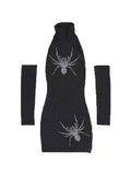 Wenkouban-Christmas Thanksgiving Gift New Year's Eve Dress Spider Rhinestone Print High Neck Mini Dress