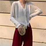 Cardigan Women Korean Long Sleeve Cardigan Summer Cropped Cardigan Knitted V Neck Thin Ice Silk Blouse Sunscreen Shirt 13482
