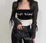 Wenkouban Gothic Cloak Womne Long Sleeve Crop Top Bow Design Black Cape + Patchwork Tank Top Two Piece Set Korean Style Sexy Tops