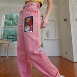 Vintage Pink Women‘s Jeans Pants Mid-waist Sun Star Pattern Young Girl Denim Trousers Summer Autumn Female Cute Jeans Cartoon