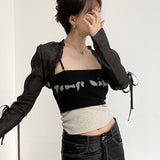 Wenkouban Gothic Cloak Womne Long Sleeve Crop Top Bow Design Black Cape + Patchwork Tank Top Two Piece Set Korean Style Sexy Tops