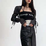 Wenkouban Gothic Cloak Womne Long Sleeve Crop Top Bow Design Black Cape + Patchwork Tank Top Two Piece Set Korean Style Sexy Tops