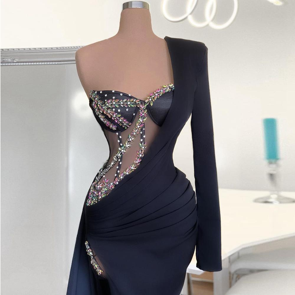 Real Image Sexy One Shoulder Navy Blue Mermaid Evening Dresses Long Sl ...