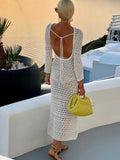 Wenkouban Sexy Backless Knit Dress Women White Hollow Out Beach Club Midi Dresses Female 2023 Summer Bodycon O-Neck Lace Up Lady Vestidos