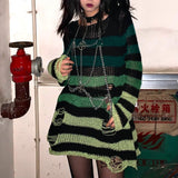 Wenkouban Punk Gothic Sweater Emo Tops E-Girls Mall Goth Pullovers Y2k Harajuku Grunge Clothes Alt Dark Aesthetic Striped Jumpers