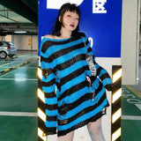 Wenkouban Punk Gothic Sweater Emo Tops E-Girls Mall Goth Pullovers Y2k Harajuku Grunge Clothes Alt Dark Aesthetic Striped Jumpers