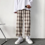 Wenkouban Back To School  Plaid Pants Men Linens Korean Checked Trousers Male Streetwear Fashion Bottoms Summer Wide Leg Pants Harajuku Breathable