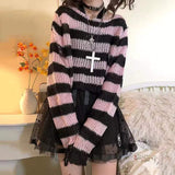 Wenkouban Punk Gothic Sweater Emo Tops E-Girls Mall Goth Pullovers Y2k Harajuku Grunge Clothes Alt Dark Aesthetic Striped Jumpers